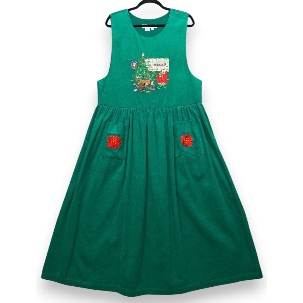 Vintage Casey Coleman Christmas Jumper Dress Womens L Green Corduroy Embroidered